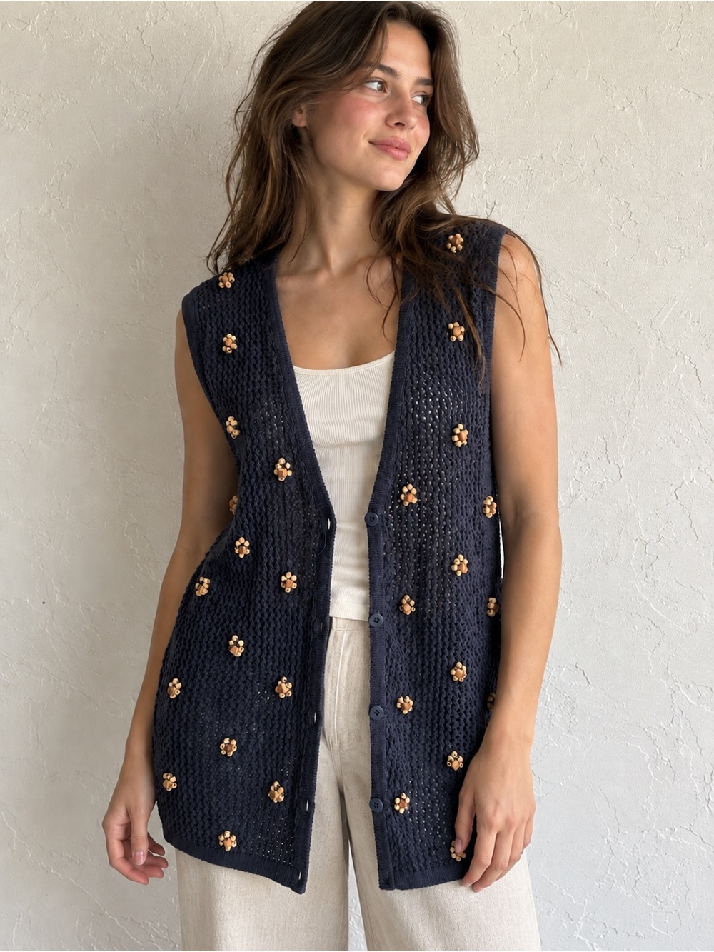 Robert Scott Navy Linen Longline Knit Vest Boho Lagenlook Artsy 90s Open Knit S